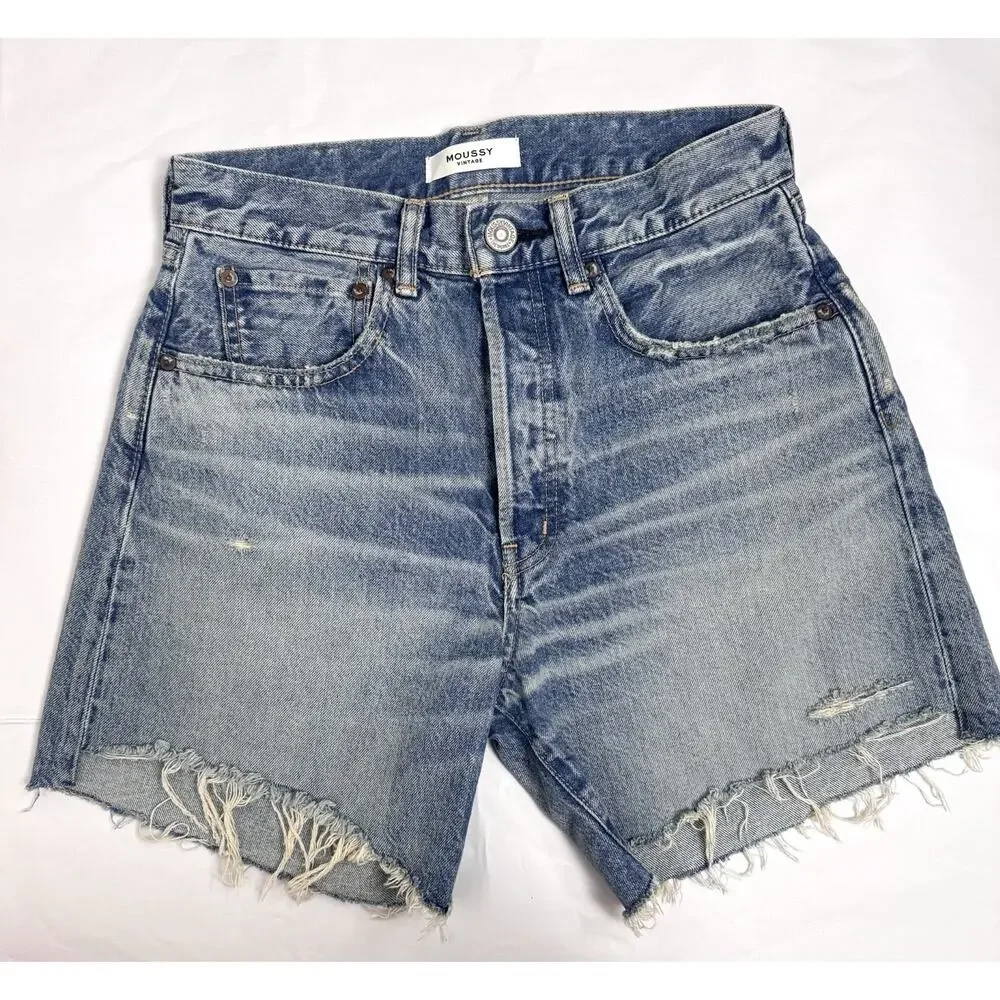 Moussy Vintage Graterford Long Denim Shorts Womens 25 Blue Button Fly Distressed